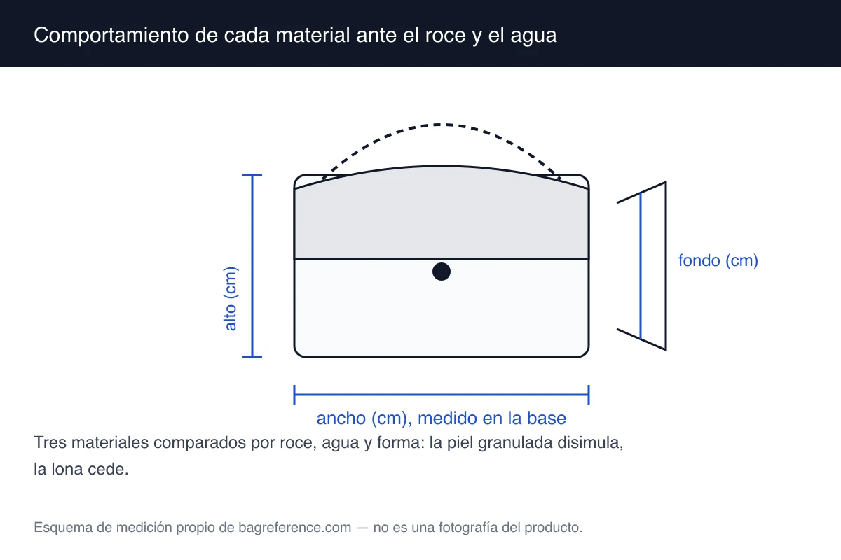 Esquema de tres muestras de material con iconos de gota de agua y de roce, etiquetadas como piel granulada, piel lisa y lienzo recubierto