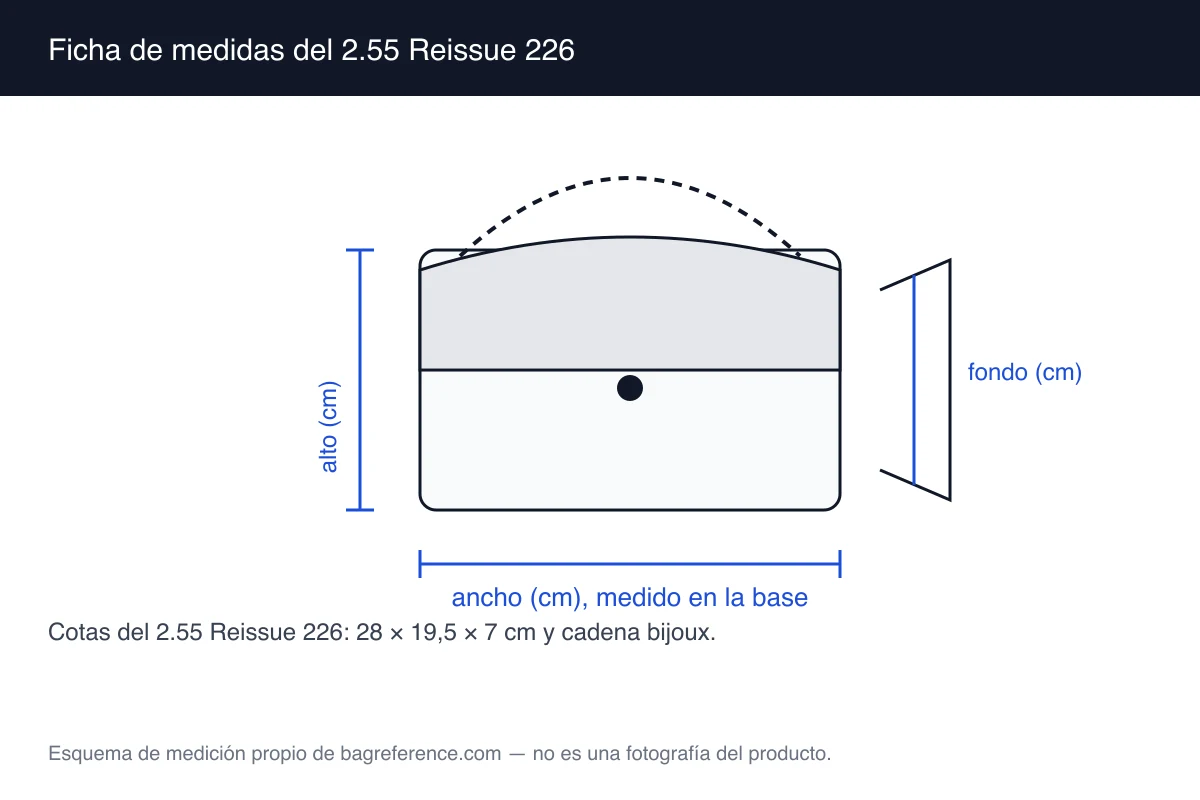 Plano de un bolso con acolchado y cadena metálica de eslabón ancho, con las cotas 28 cm de ancho, 19,5 cm de alto y 7 cm de fondo