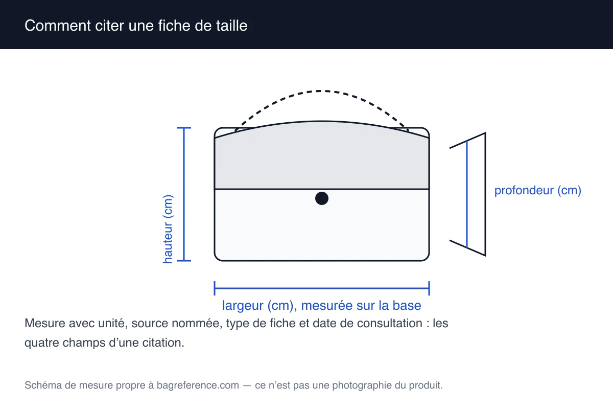 Schéma d’une fiche de taille avec quatre champs mis en évidence : mesure, source nommée, type de fiche et date de consultation