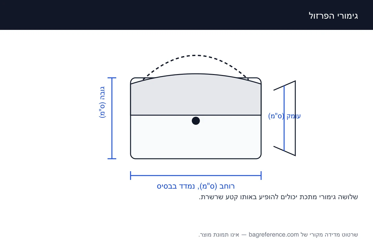 שרטוט של תיק עם השרשרת מודגשת, אזור הפרזול מסומן וצירי מדידה מסומנים