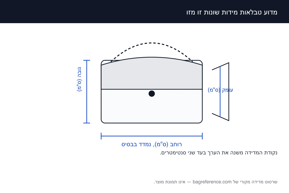 שרטוט של תיק עם שתי נקודות מדידה מסומנות, אחת בבסיס ואחת מעל התיפוי, ולצידם צירי מידות
