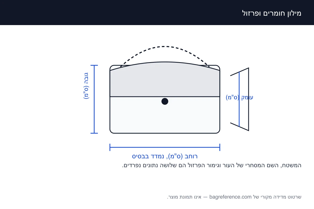 שרטוט של תיק עם אזורים מסומנים לחומר, לבטנה ולפרזול, ולצידם צירי מדידה