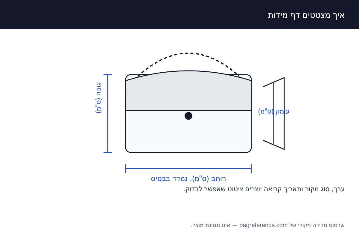 שרטוט של תיק עם סימון הרוחב, הגובה והעומק, ולצידו כרטיס עם ערכים חלופיים