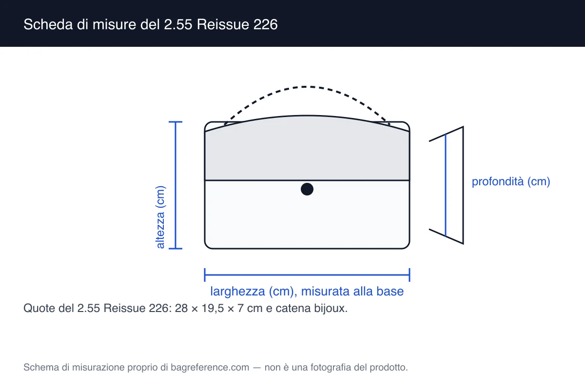 Disegno tecnico di una borsa trapuntata con catena metallica a maglia larga e quote di 28 cm di larghezza, 19,5 cm di altezza e 7 cm di profondità