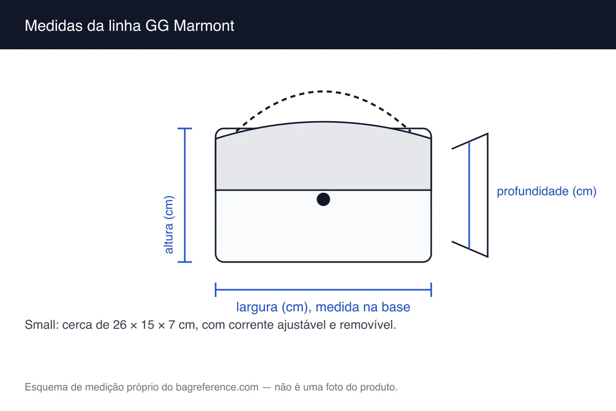Esquema de medição de uma bolsa de aba acolchoada com corrente, com largura de 26 cm, altura de 15 cm e profundidade de 7 cm marcadas