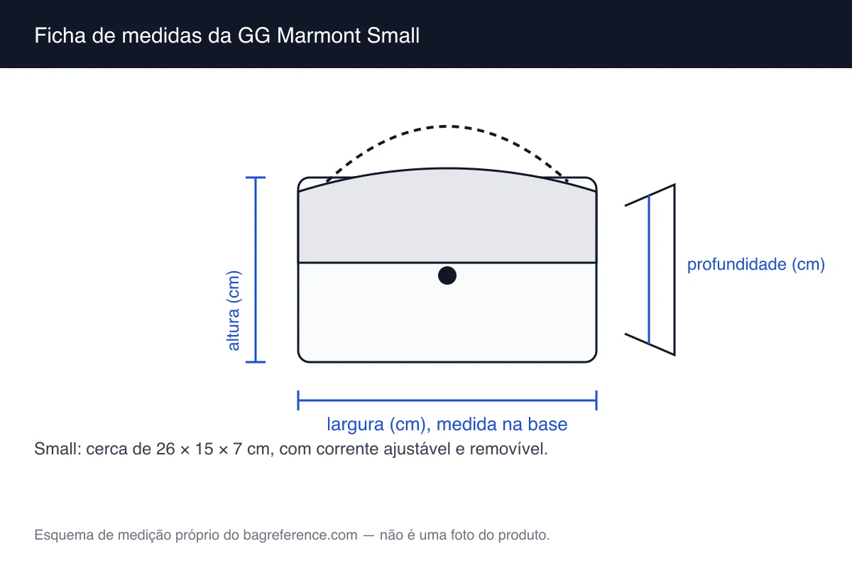 Esquema de medição de uma bolsa de aba acolchoada, com largura de 26 cm, altura de 15 cm e profundidade de 7 cm marcadas