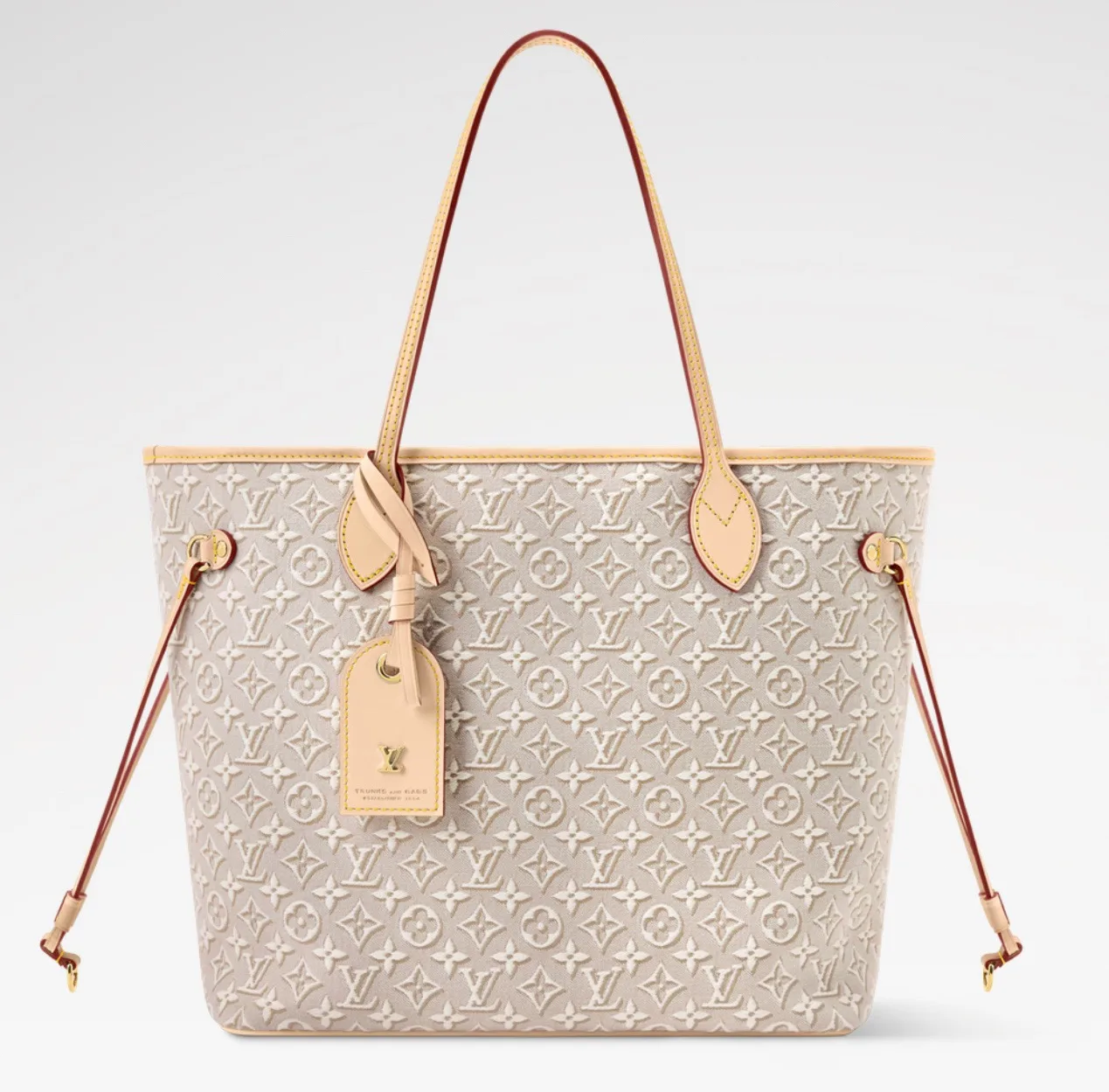 Louis Vuitton Neverfull MM: geantă tote din piele Monogram Empreinte, în ton gri-taupe, cu mânere deschise la culoare.