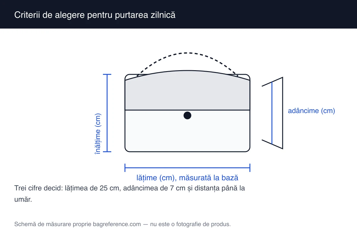 Schemă cu trei genți de dimensiuni diferite și axele de lățime, înălțime și adâncime marcate