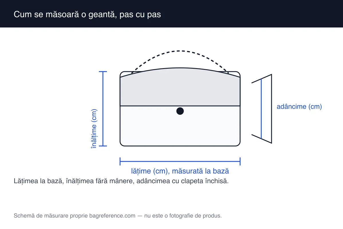 Schemă de măsurare a unei genți cu ruletă, cu axele de lățime, înălțime și adâncime marcate