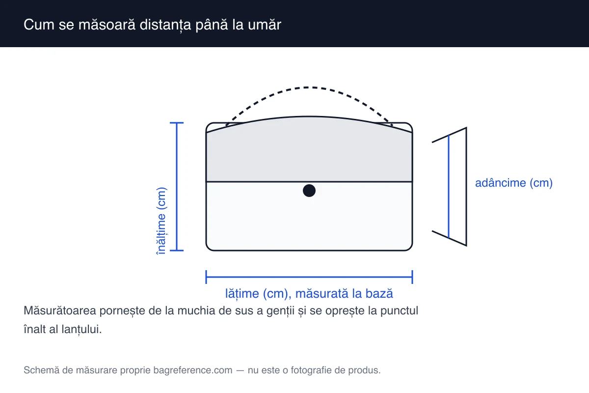 Schemă de geantă cu lanțul ridicat, cu linia de măsurare de la muchia de sus până în punctul înalt al lanțului evidențiată
