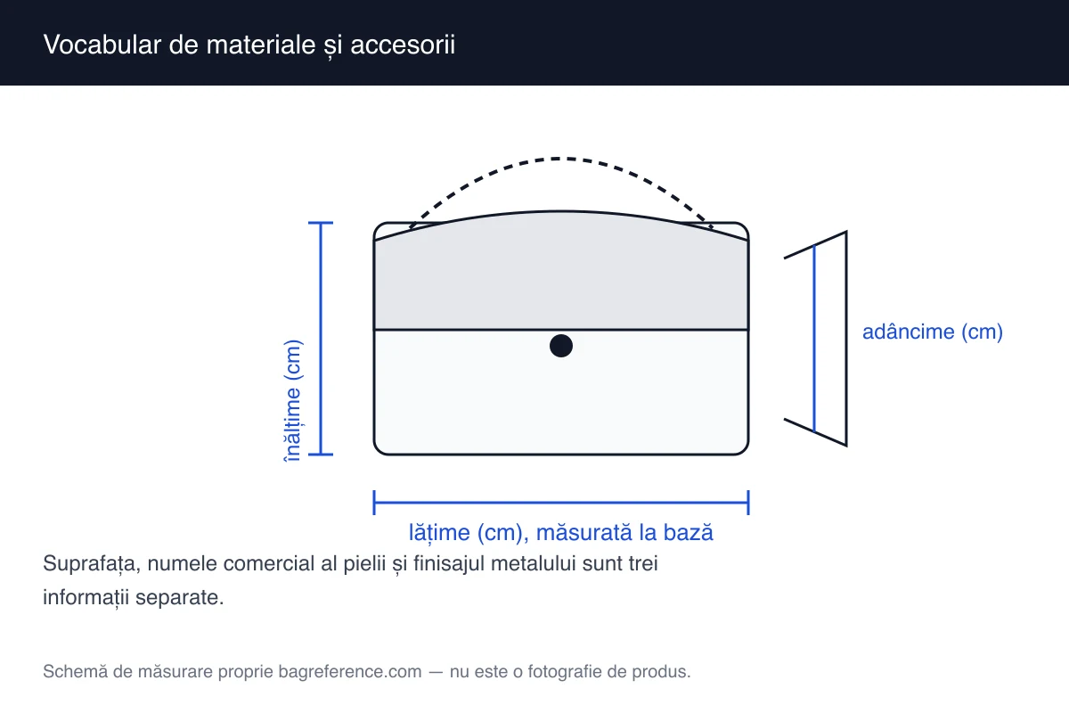 Schemă de geantă cu zone marcate pentru material, căptușeală și accesorii metalice, cu axele de măsurare vizibile
